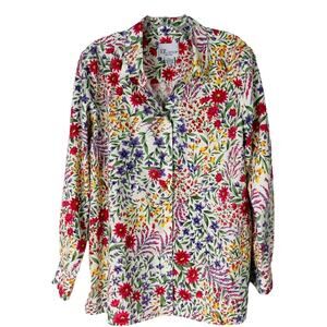 Vintage cream pink green floral cottagecore button front office shirt top PL